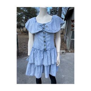 Vintage | 90s Tiered Denim Mini Dress Ruffle Circle Collar Sleeveless Two Roads